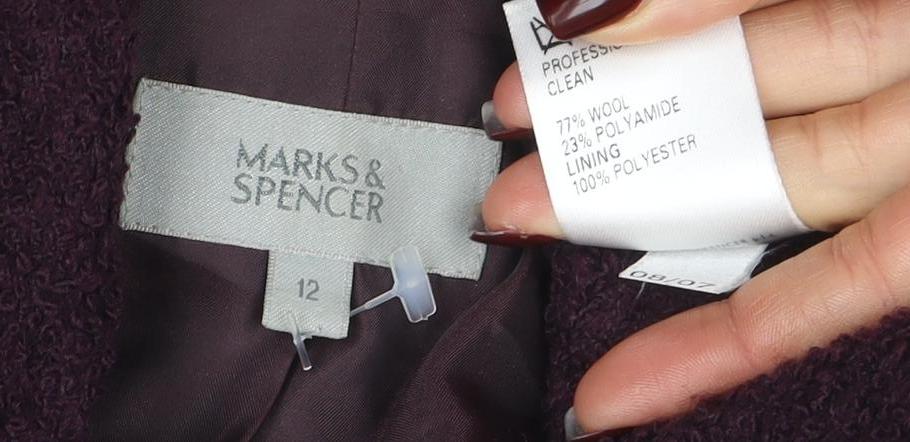 Marks & Spencer Women's Purple Wool Pea Coat Jacket Size 12