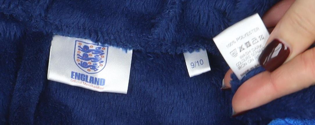 England Boys Blue Fleece Hooded Robe 9-10 Years Belted Winter Nightwear