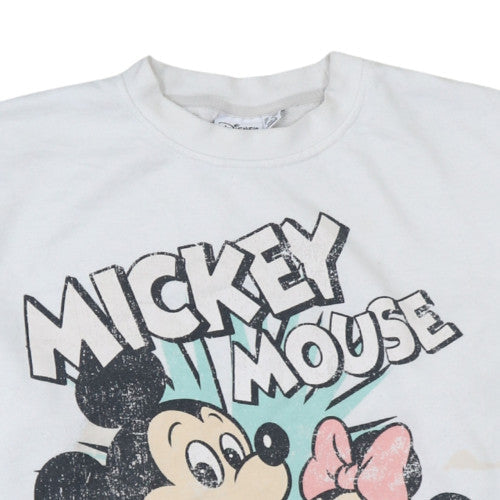Disney Women's White Mickey & Minnie Crew Neck Pullover Sweatshirt L