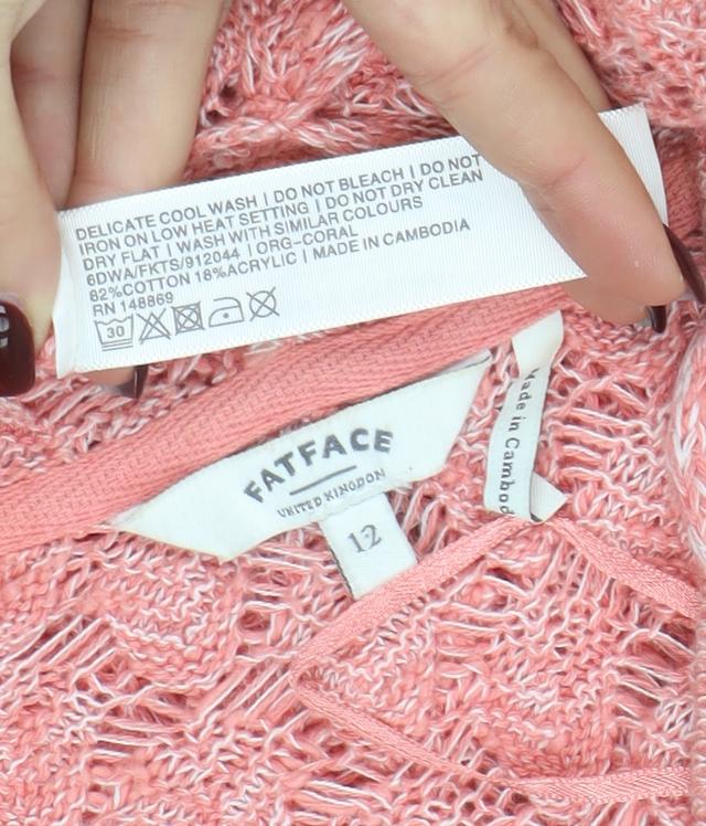 FatFace Women’s Pink Open-Knit Hooded Pullover Jumper Size 12
