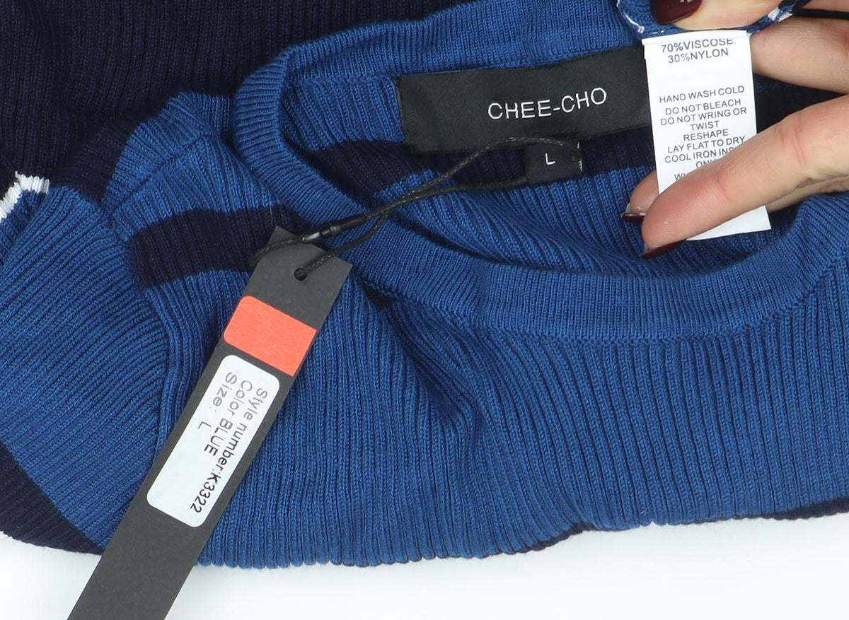 CHEE-CHO Womens Blue Striped Long Sleeve Knit Top Size L