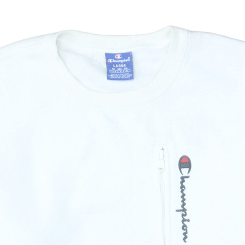Champion Mens White Logo Zip Pocket Crew Neck Sweatshirt Size L