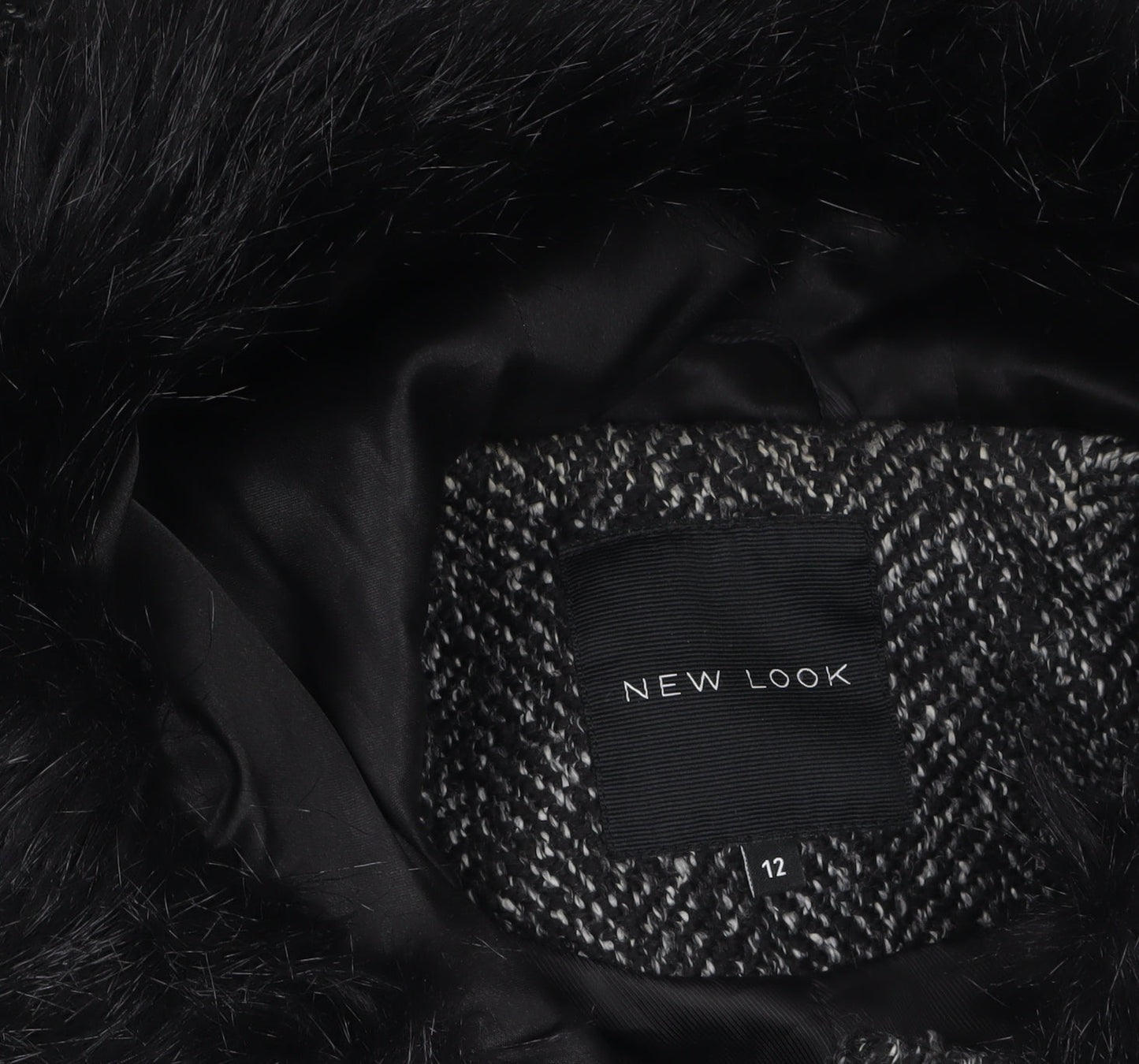 New Look Women's Black Wool Blend Faux Fur Hooded Coat Size 12