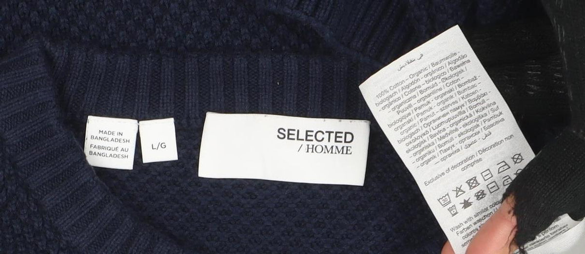 SELECTED HOMME Men’s Blue Cotton Crew Neck Waffle Knit Jumper L