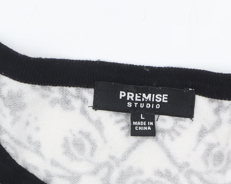 Premise Studio Women Black & White Floral Cardigan L Rayon Blend