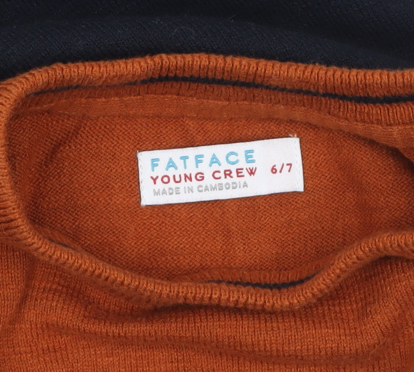 FatFace Boys Navy & Rust Striped Jumper Crew Neck 6-7 Years Cotton Wool