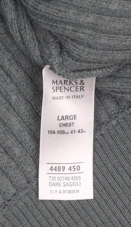 Marks & Spencer Men’s Green V-Neck Wool Blend Pullover Jumper L