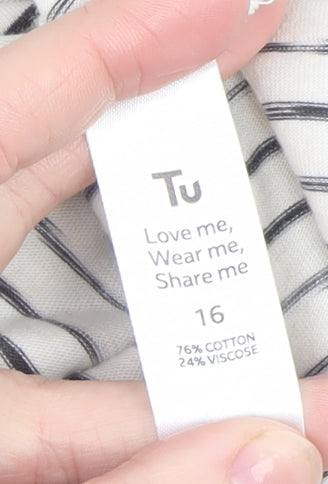 Tu Women Black White Striped Short Sleeve T-Shirt Size 16 Cotton Blend