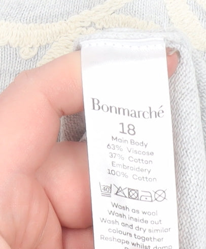 Bonmarché Women's Grey Embroidered 3/4 Sleeve T-Shirt Size 18