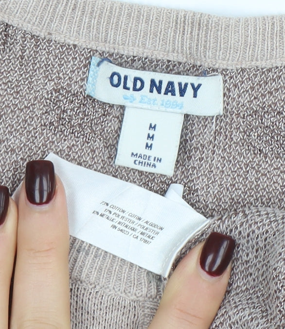 Old Navy Women Beige Polka Dot Cardigan M Knit Crew Neck