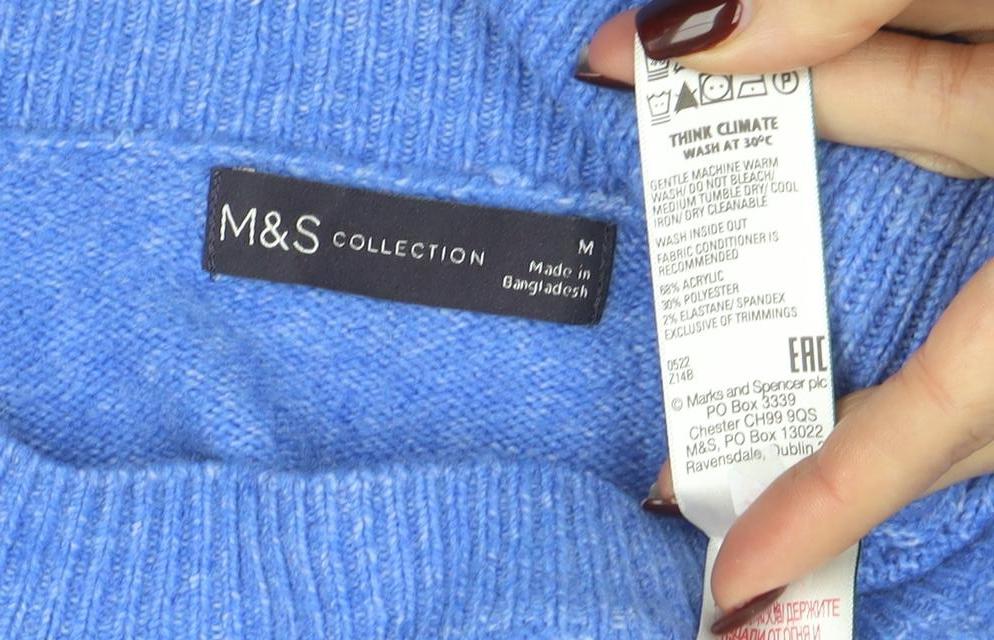 Marks & Spencer Women Blue Wool Blend Crew Neck Jumper M