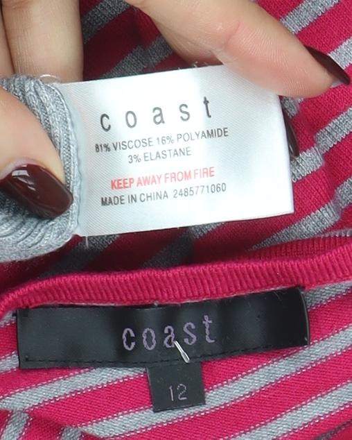 Coast Womens Pink Grey Striped Boat Neck 3/4 Sleeve Jumper Size 12