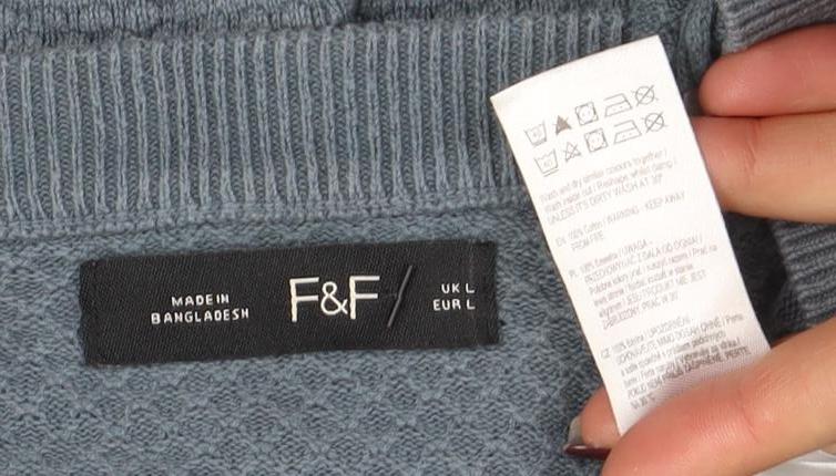 F&F Mens Blue Cotton Blend Textured Knit Crew Neck Jumper Size L