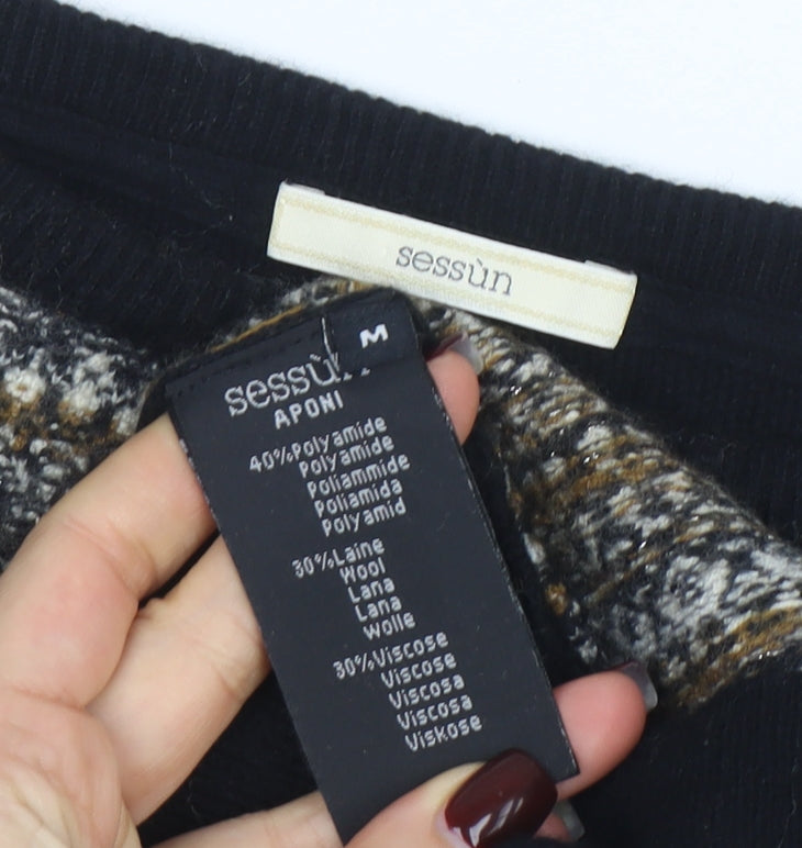 Sessùn Women's Black Striped Wool Blend 3/4 Sleeve Pullover Jumper M