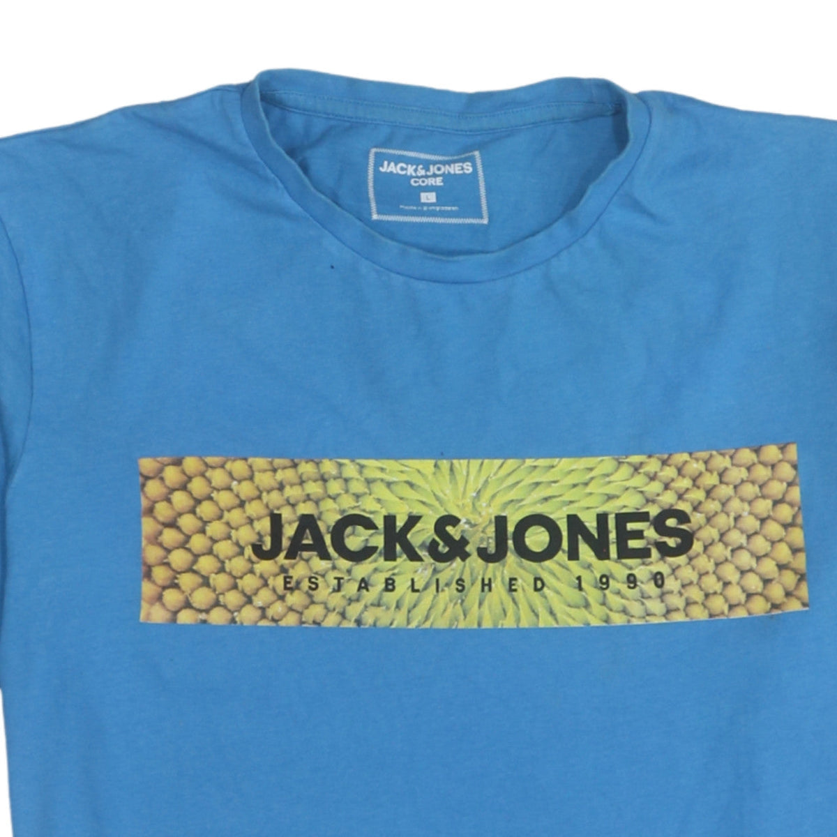 Jack & Jones Men Blue Graphic Print Crew Neck Cotton T-Shirt L