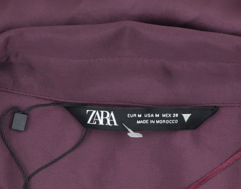 Zara Women Purple Wrap Satin Short Dress Size 12 Long Sleeve V-Neck