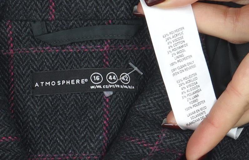 Brand and care label for Atmosphere Women Grey Check Tweed Blazer, size 16, One Button Jacket