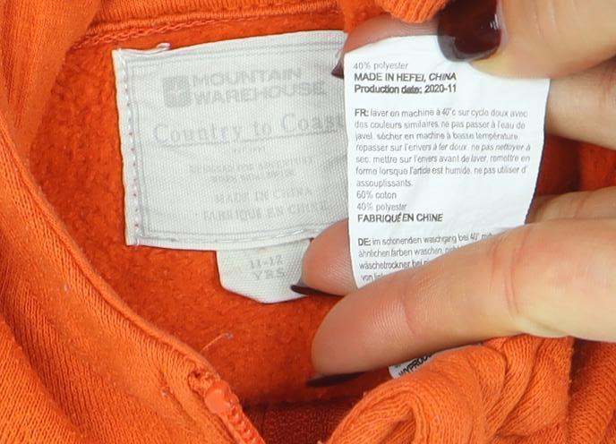 Mountain Warehouse Boys Orange Full Zip Hoodie - 11-12 Years Cotton Blend