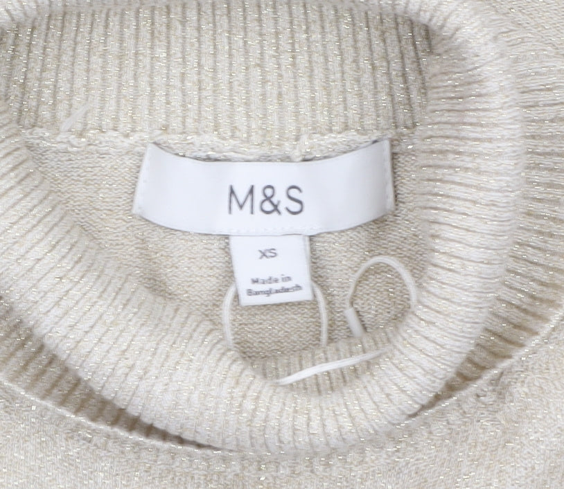 Marks & Spencer Womens Beige Glitter Roll Neck Short Sleeve Jumper XS