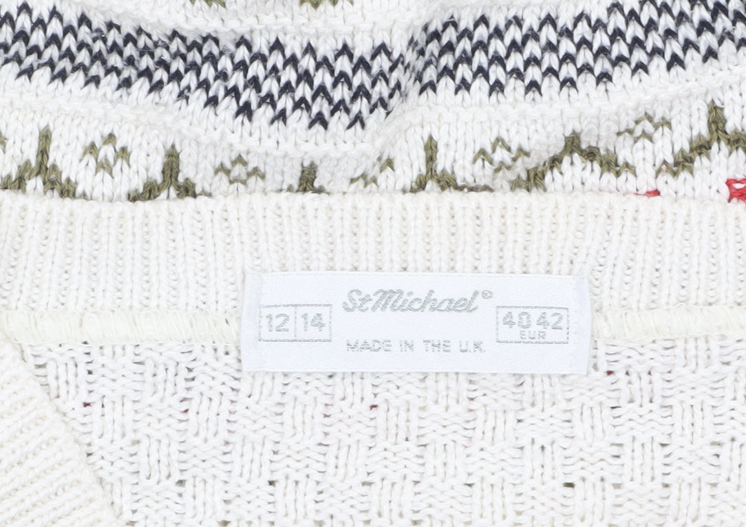 Marks & Spencer Women Ivory Fair Isle V-Neck Cardigan Size 12-14