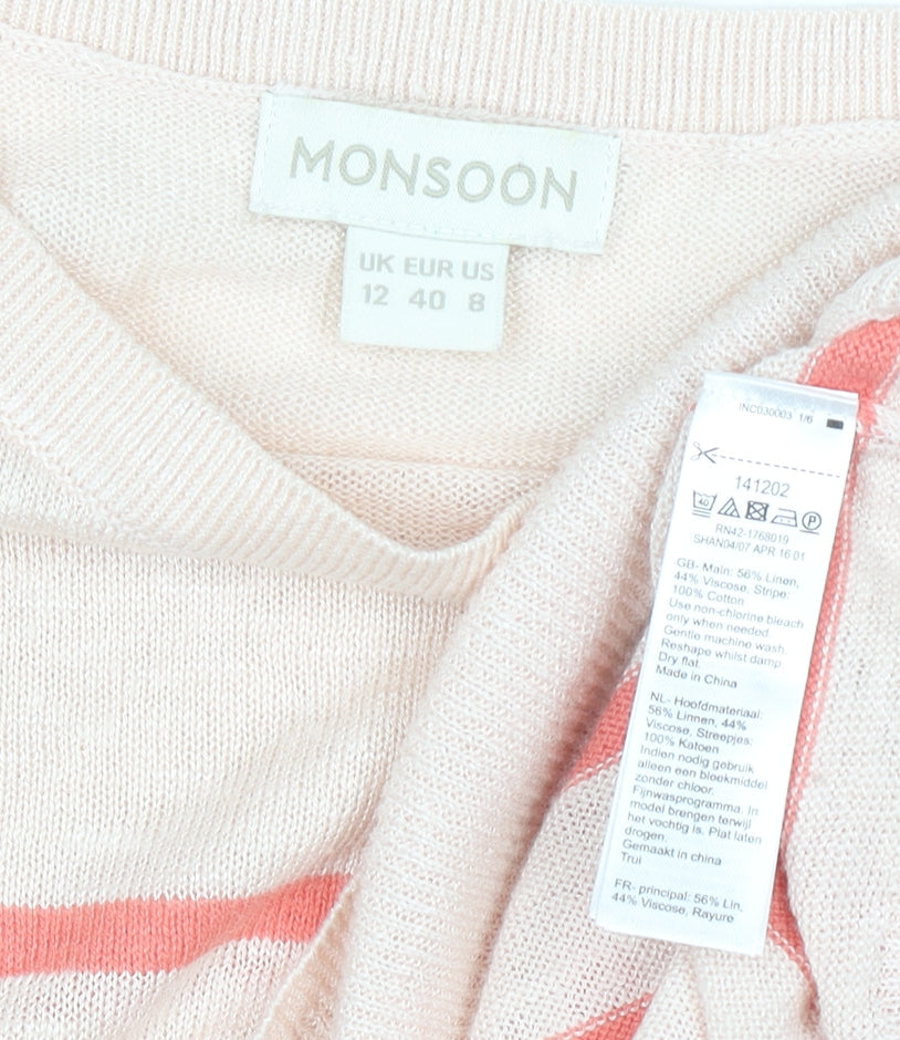Monsoon Women’s Beige Striped Linen Blend 3/4 Sleeve Jumper Size 12