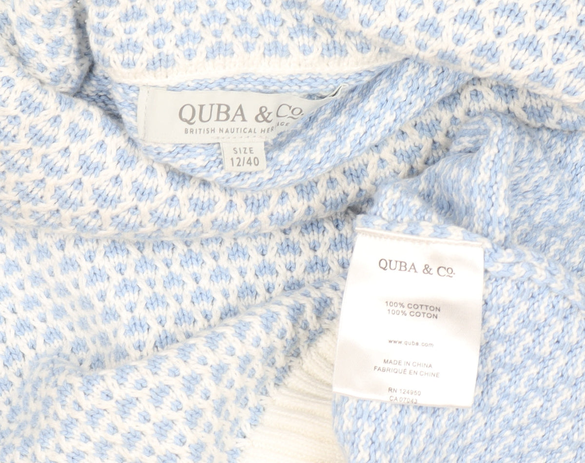 Quba & Co Women Blue White Knit Jumper Size 12 Cotton Roll Neck