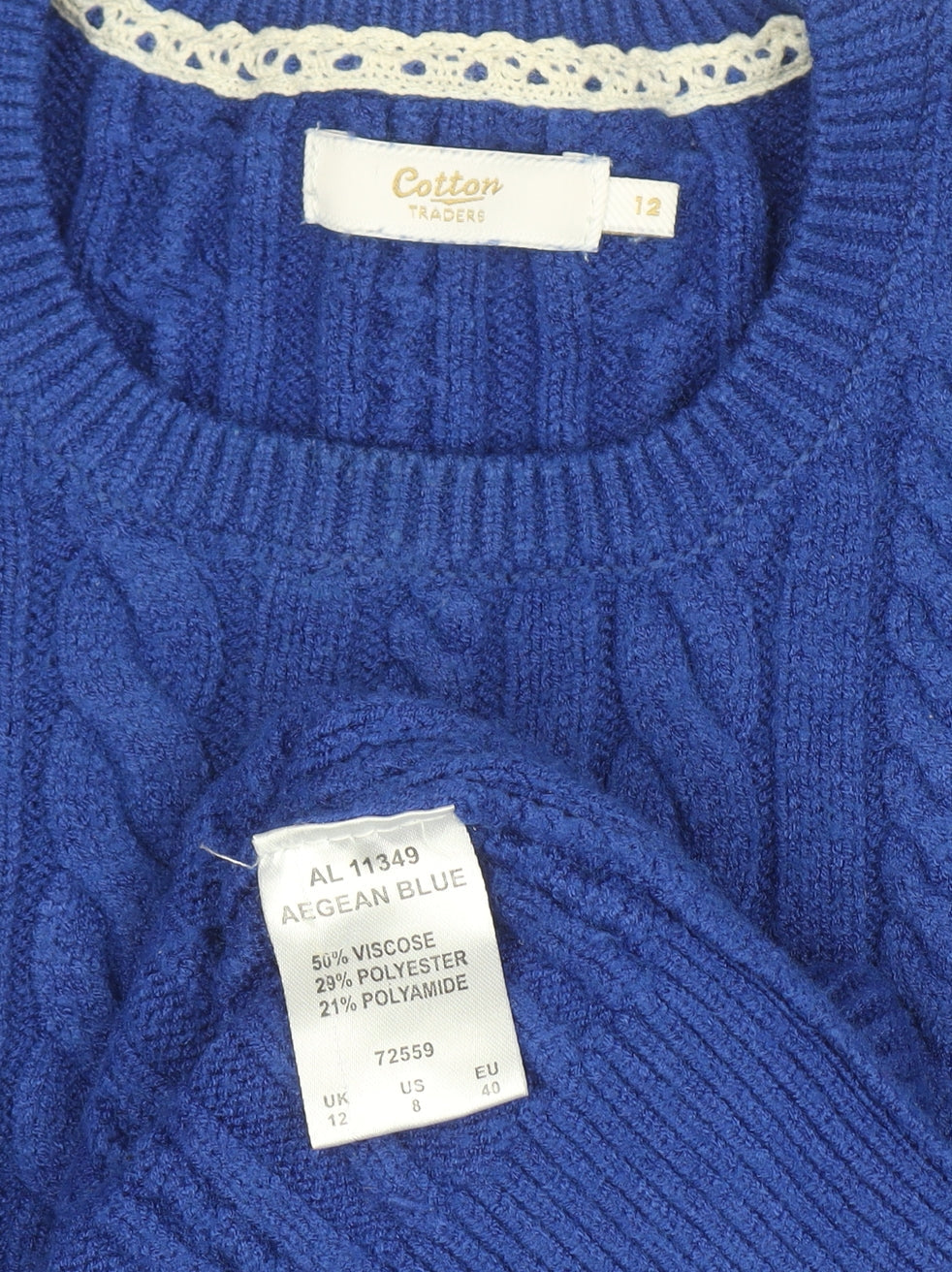 Cotton Traders Women's Blue Cable-Knit Crew Neck Jumper Size 12