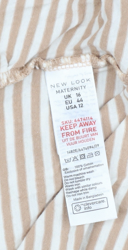 New Look Maternity Beige Striped 3/4 Sleeve Crew Neck Cotton T-Shirt UK 16