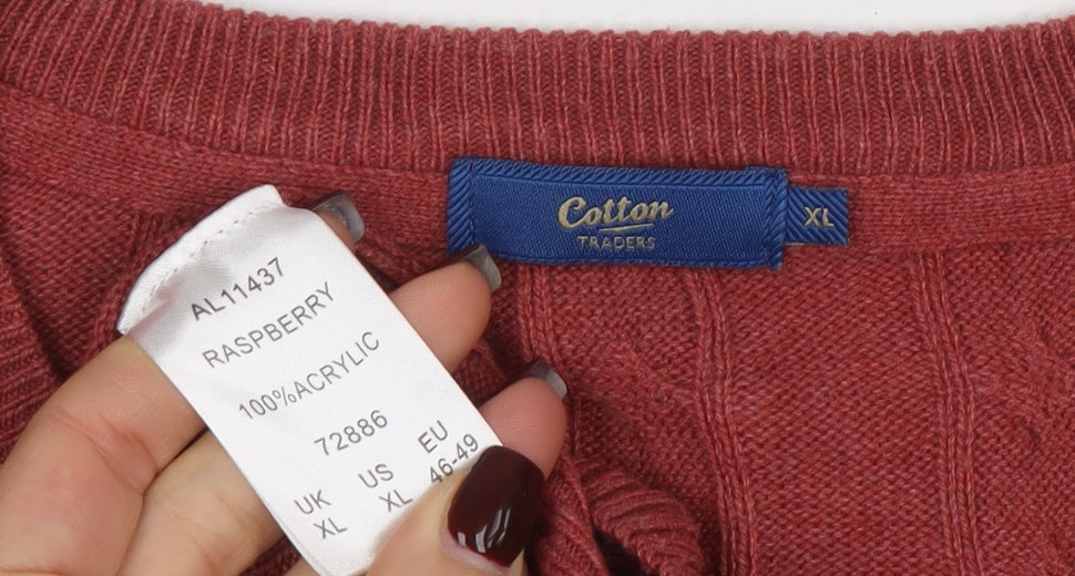 Cotton Traders Men's Red Cable-Knit V-Neck Jumper XL