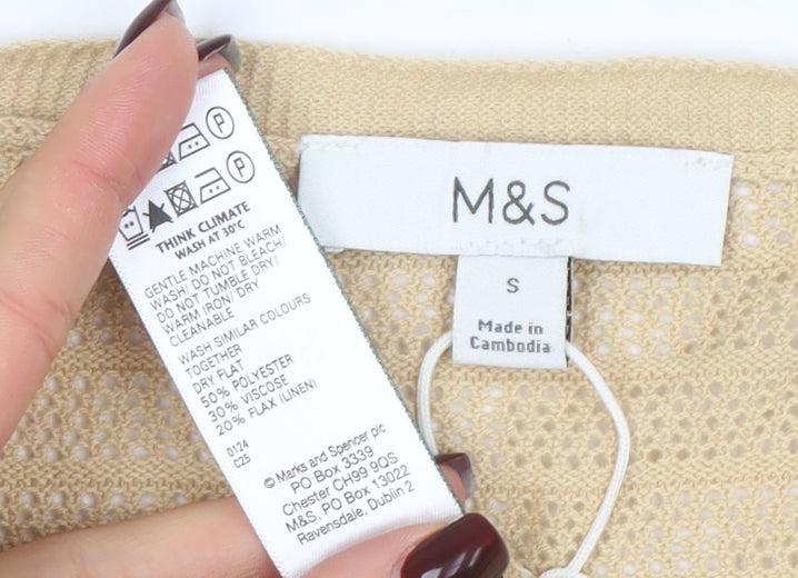 Marks and Spencer Womens Beige Open Knit V-Neck Cardigan Size S