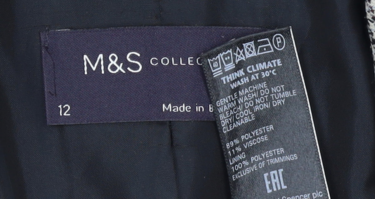 Marks & Spencer Women Grey Checked Single-Breasted Blazer Size 12