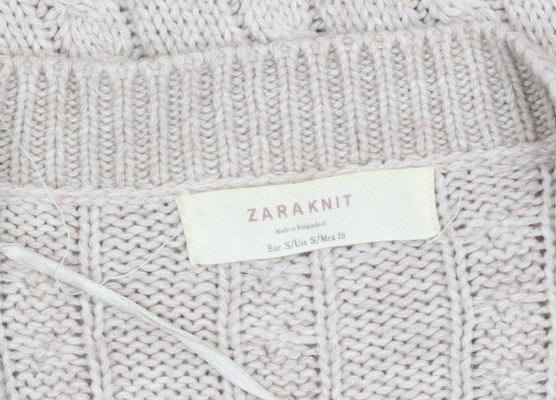 Zara Women Beige Cable-Knit Wool Blend V-Neck Cardigan Size 8