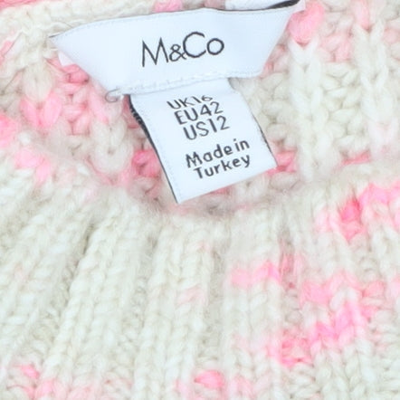 M&Co Womens Cream Pink Mock Neck Chunky Knit Jumper Size 16