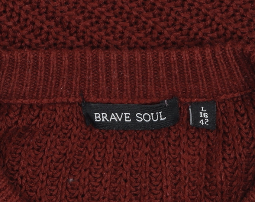 Brave Soul Women Red Chunky Knit Acrylic Jumper L 16 Crew Neck