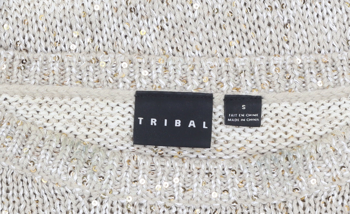 Tribal Women’s Beige Sequin Knit 3/4 Sleeve Pullover Jumper Size S