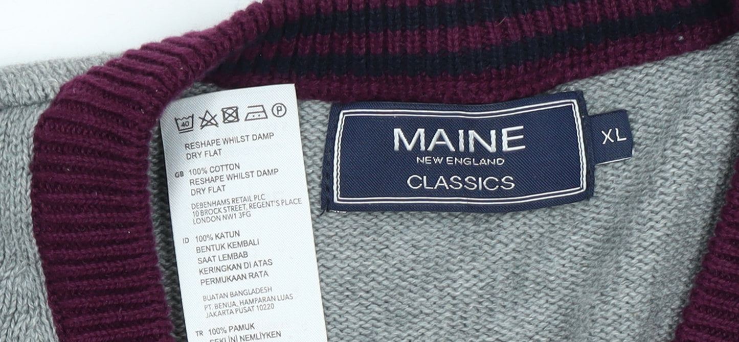 Maine New England Men’s XL Grey Stripe Cotton V-Neck Jumper