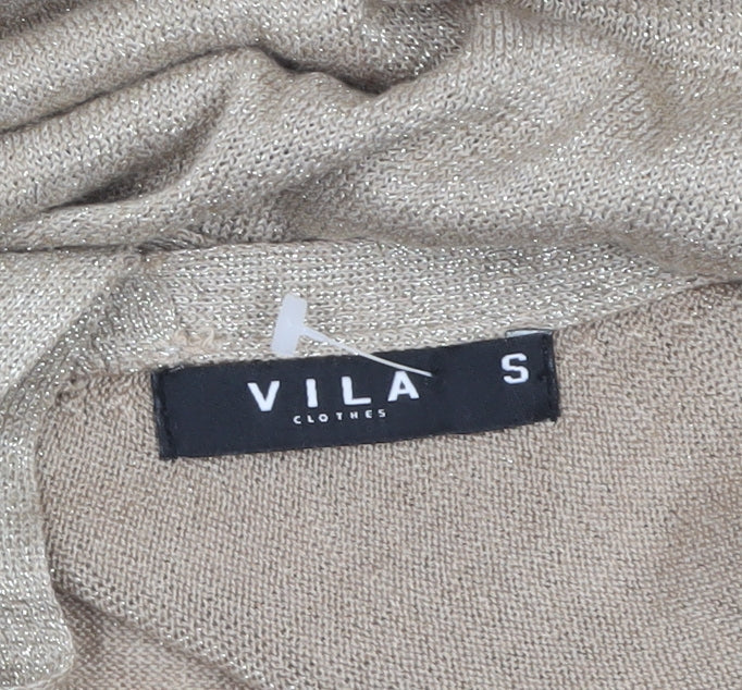 Vila Women Beige Glitter V-Neck Short Sleeve Pullover Jumper Size S
