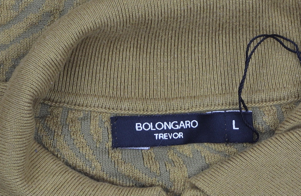 Bolongaro Trevor Men's Brown Animal Knit Zip Collar Polo Shirt L