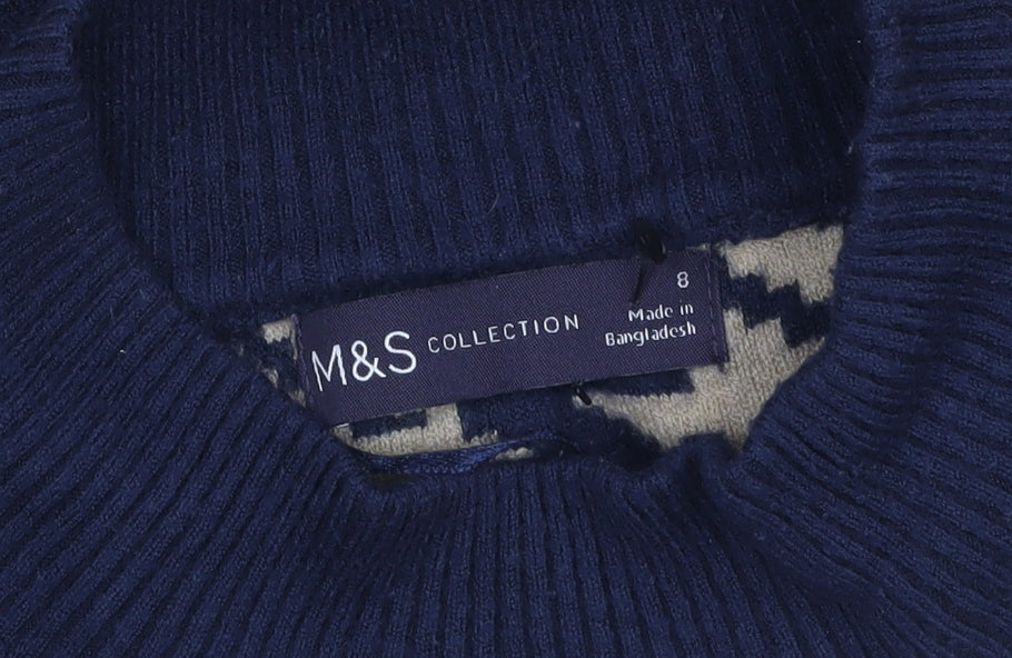 Marks & Spencer Women’s Beige & Navy Mock Neck Houndstooth Jumper Size 8