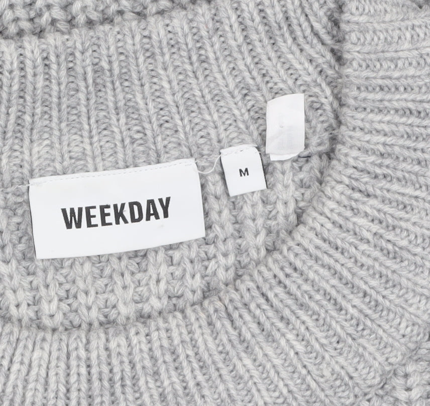 Weekday Women Grey Chunky-Knit Wool Blend Relaxed Pullover Jumper M