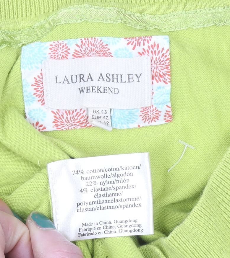 Laura Ashley Women Green Cropped Button-Up Short Sleeve Top Size 14