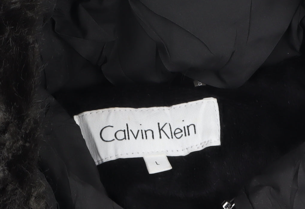 Calvin Klein Womens Black L Puffer Jacket Hooded Faux Fur Trim Winter Coat