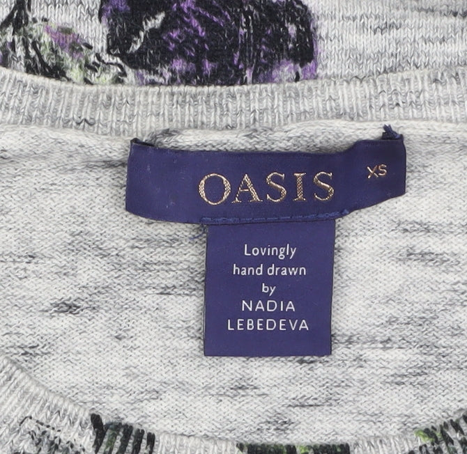 Oasis Women Grey Floral Crew Neck Cotton Jumper XS