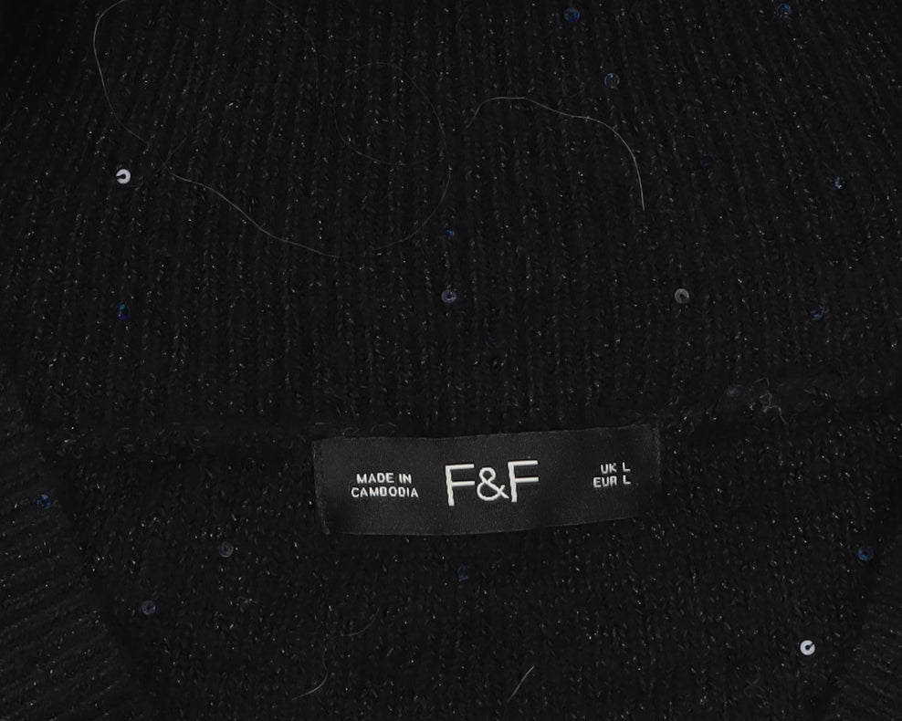 F&F Women's Black Sequin V-Neck Pullover Jumper Size L