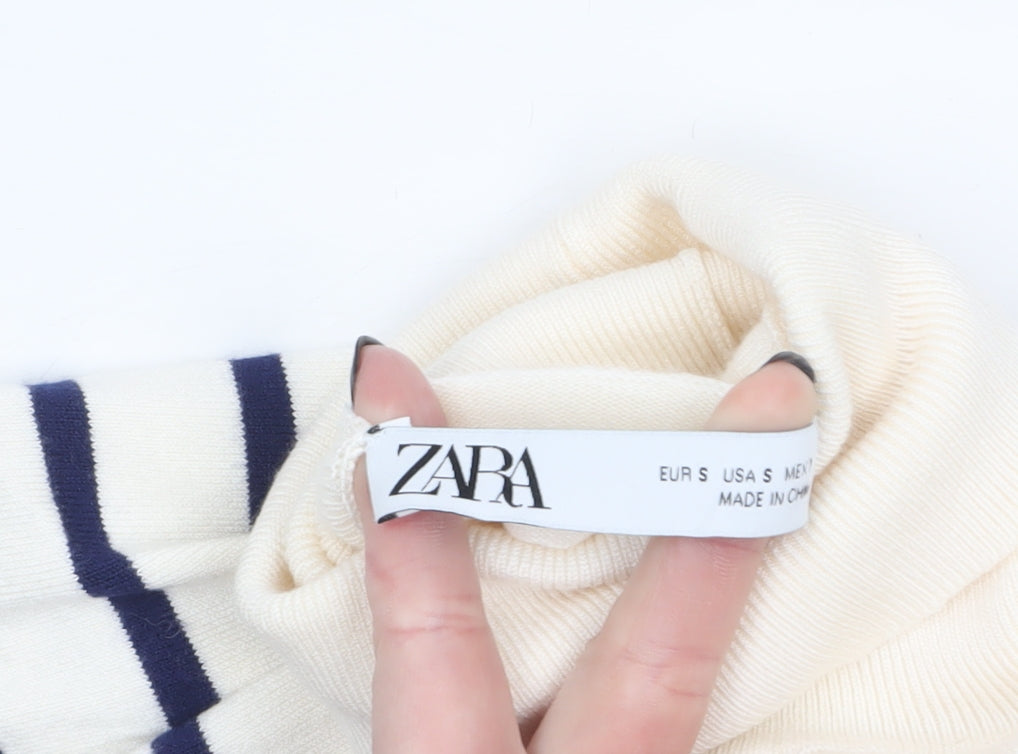ZARA Women Ivory Striped Roll Neck Knit Jumper Size S