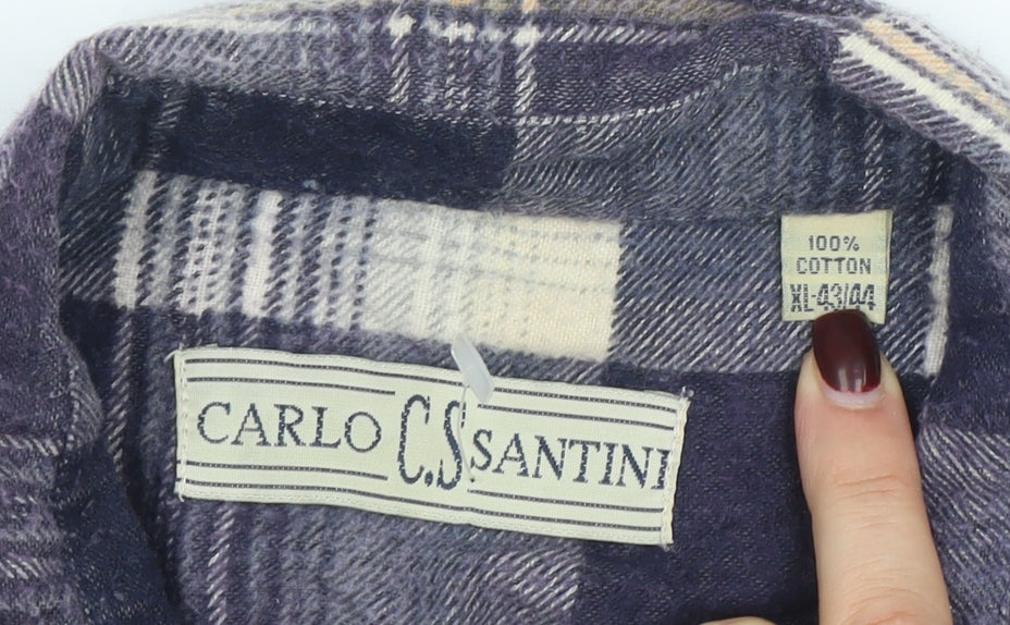 Carlo C. Santini Men's Blue Check Flannel Cotton Button-Up Shirt XL