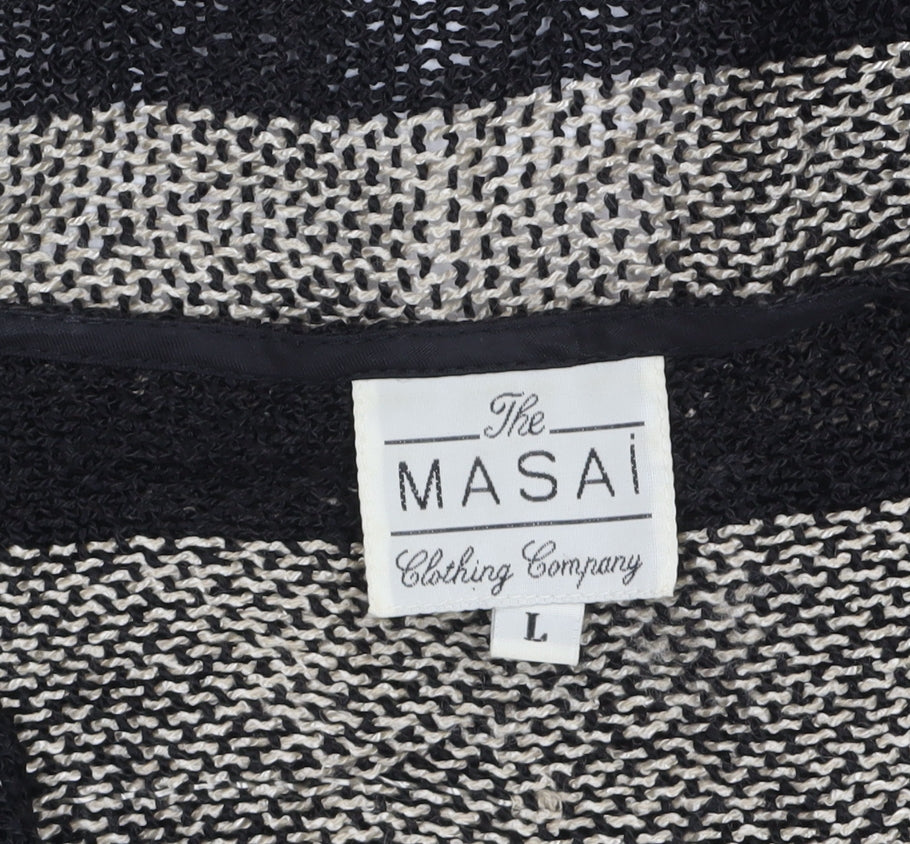 Masai Women Black & Beige Striped Open Knit Cardigan Size L