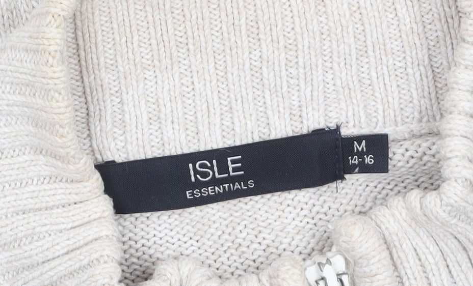 Isle Essentials Women's Beige Cotton Full Zip Cable Knit Jumper Size M 14-16
