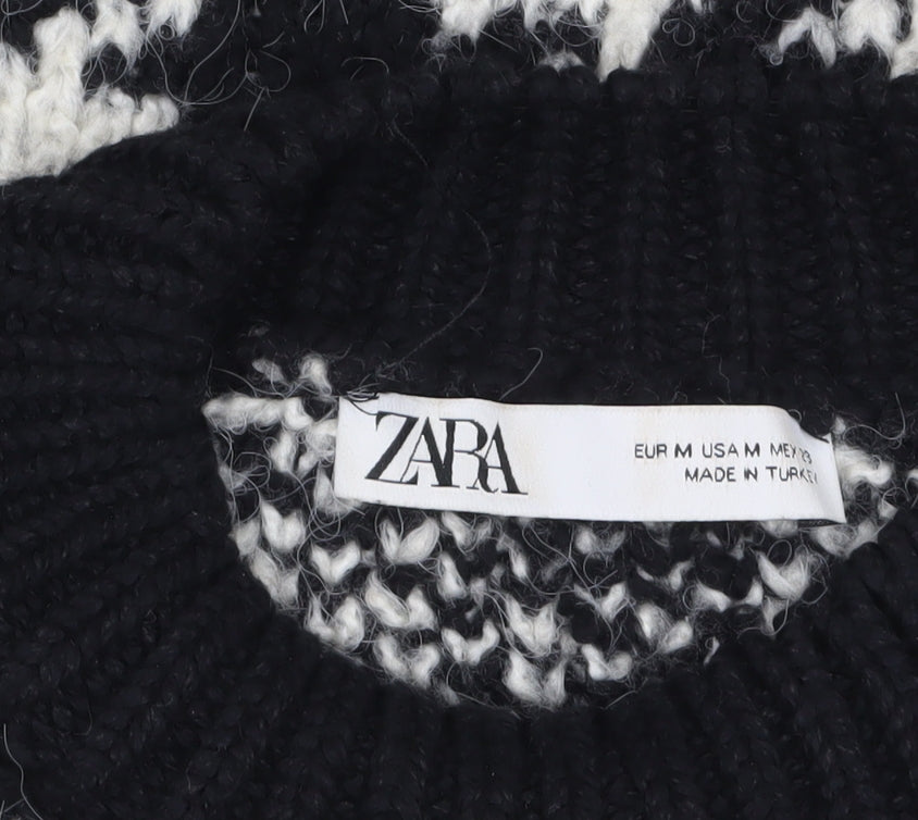 Zara Women Black Houndstooth Knit Jumper Size 12 Crew Neck Pullover
