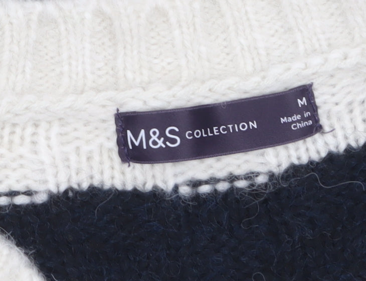 Marks & Spencer Women’s Black Ivory Striped V-Neck Knit Jumper M